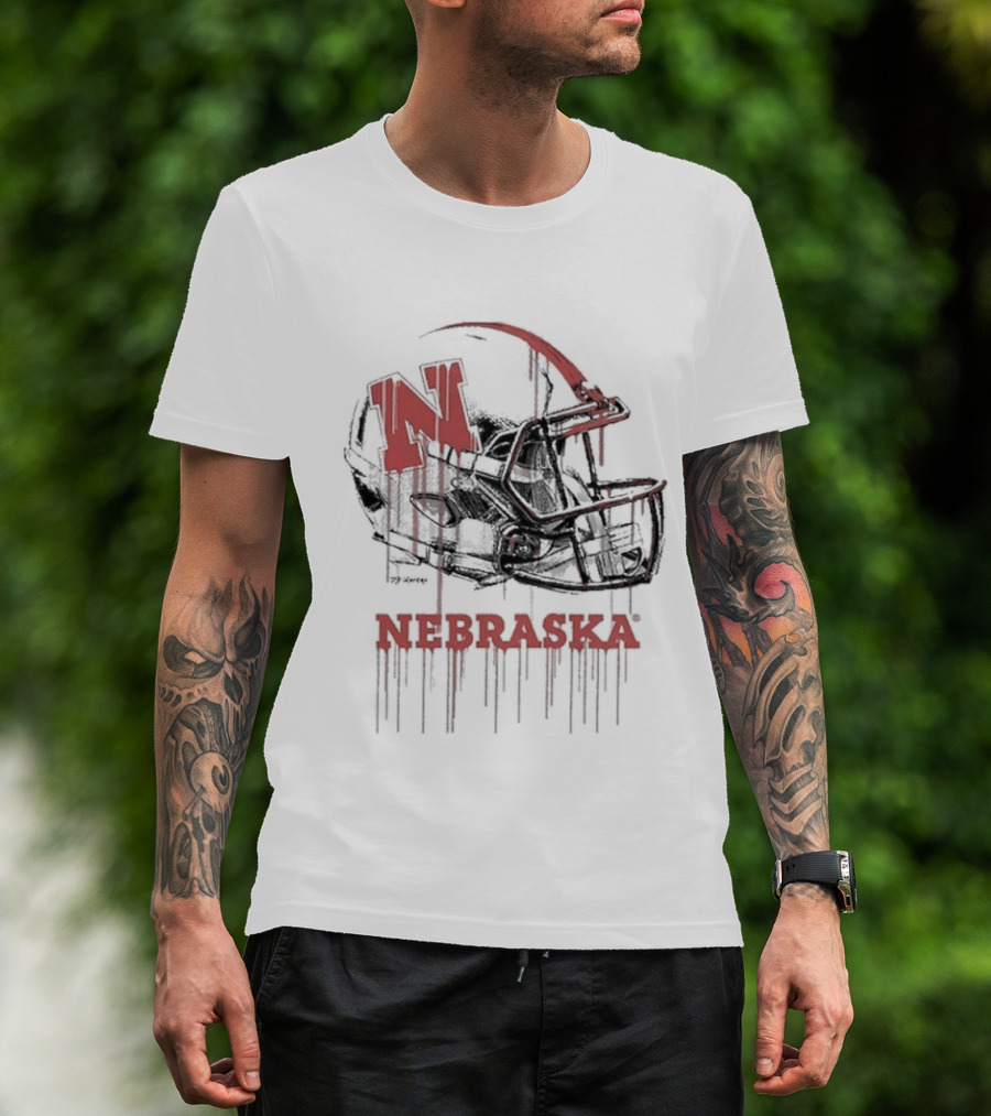 Nebraska Huskers N Dripping Football Helmet T-Shirt
