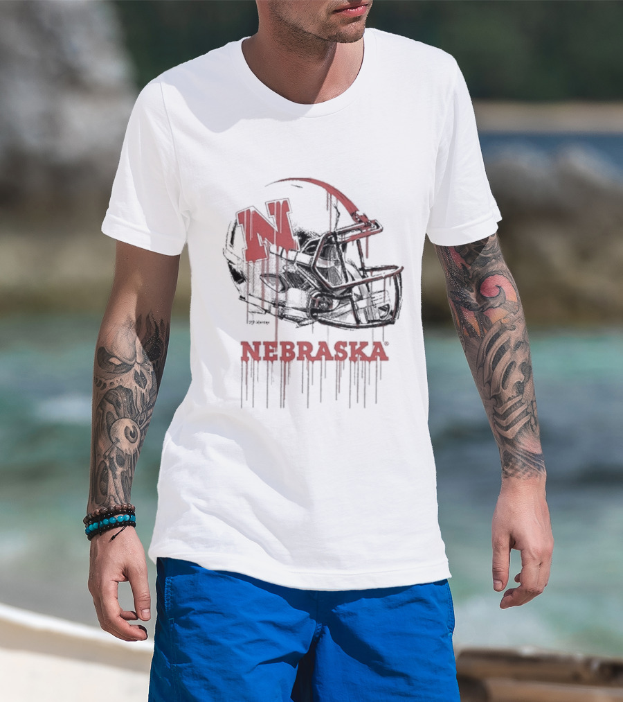 Nebraska Huskers N Dripping Football Helmet T-Shirt