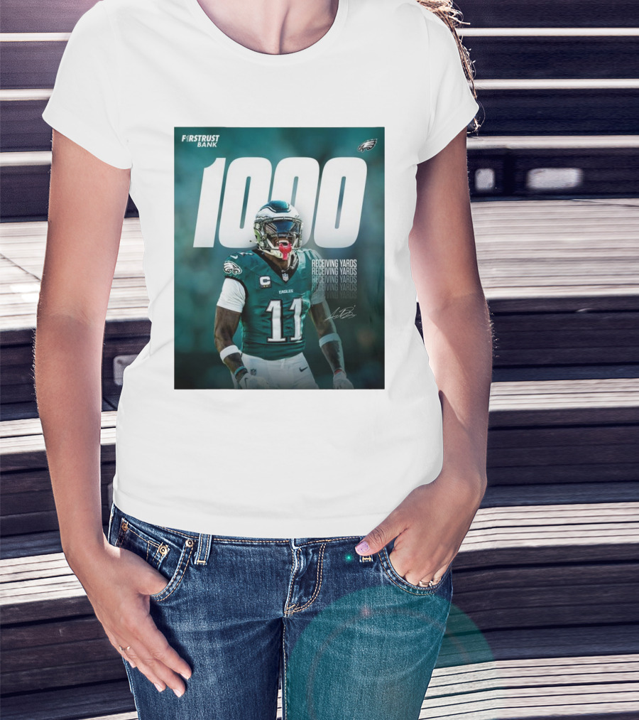 Philadelphia Eagles A.J. Brown 1000 Receiving Yards Signature Fly Eagles Fly NFL T-Shirt