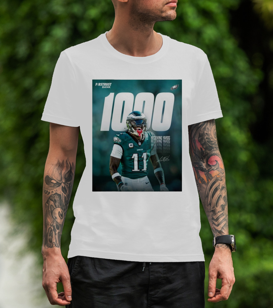 Philadelphia Eagles A.J. Brown 1000 Receiving Yards Signature Fly Eagles Fly NFL T-Shirt
