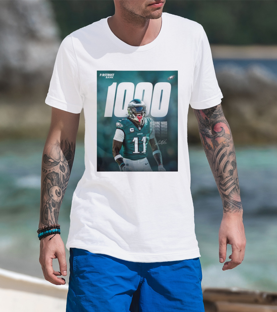 Philadelphia Eagles A.J. Brown 1000 Receiving Yards Signature Fly Eagles Fly NFL T-Shirt