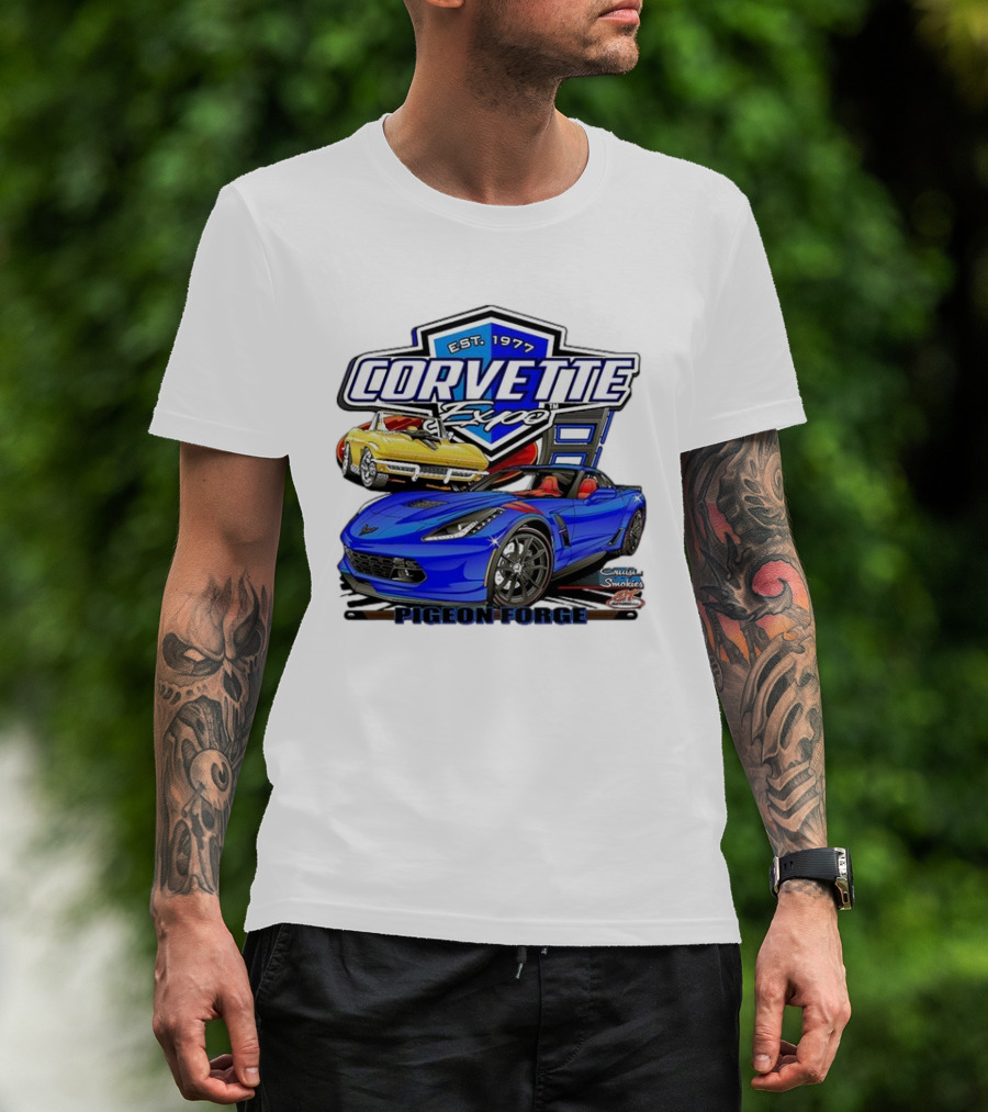 Corvette Expo Pigeon Forge 1977 Blue And Yellow Cars Cruise The Smokies T-Shirt