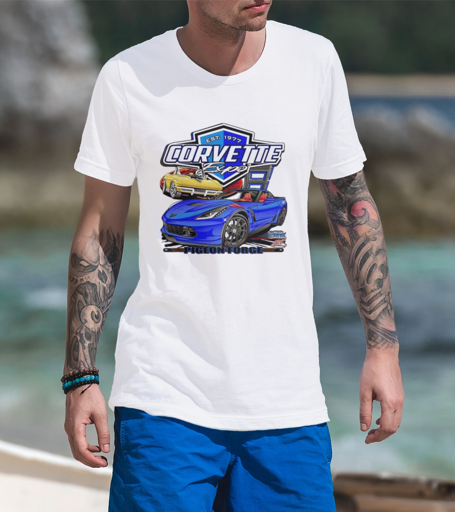 Corvette Expo Pigeon Forge 1977 Blue And Yellow Cars Cruise The Smokies T-Shirt