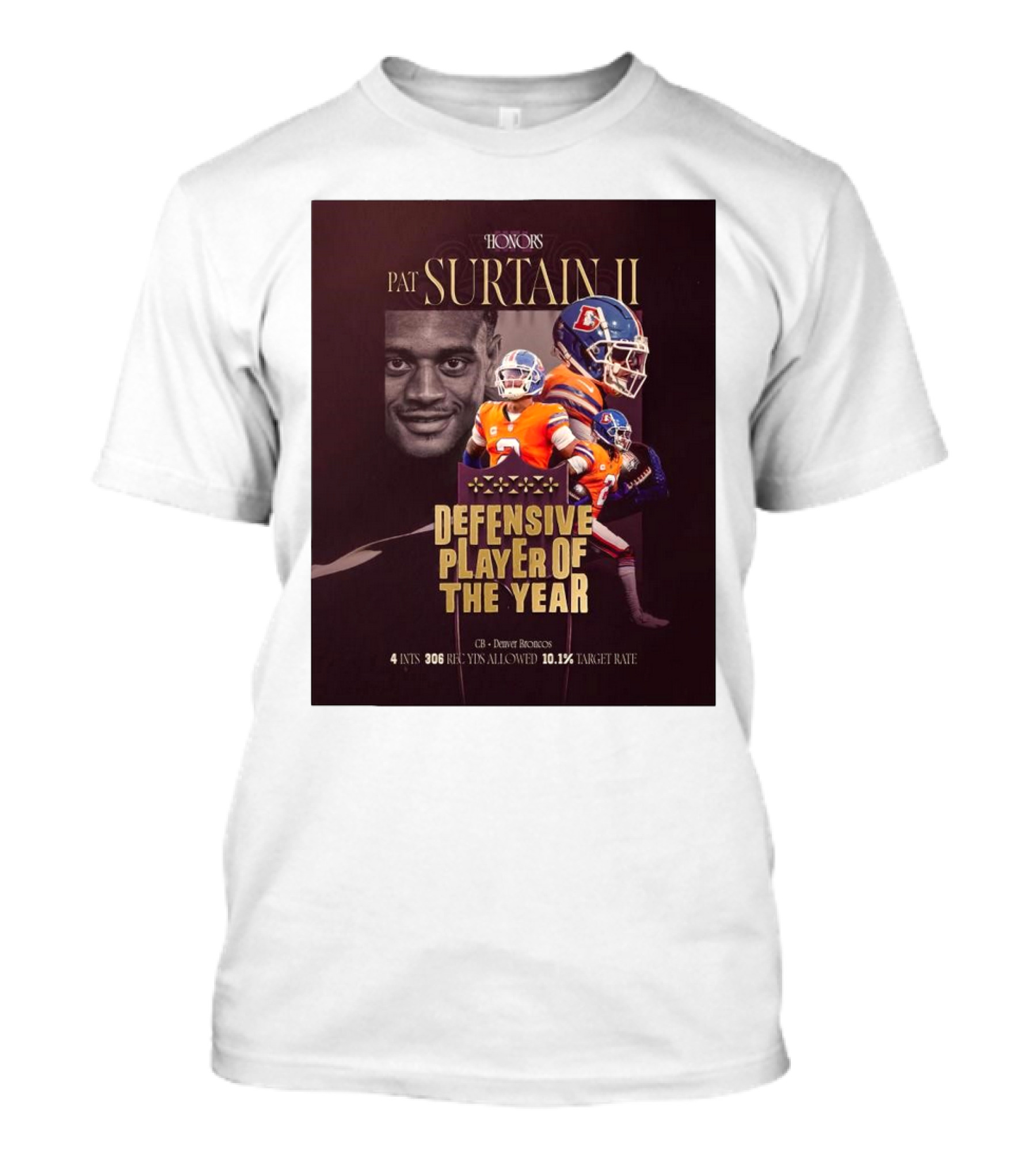 HONORS Pat Surtain II Defensive Player Of The Year Denver Broncos 4 INTs 306 Rec Yds Allowed 10.1% Target Rate T-Shirt