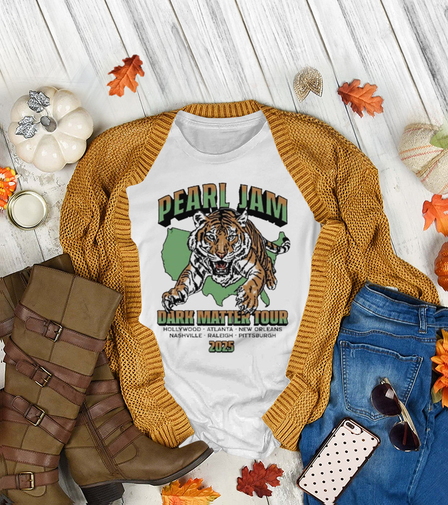 Pearl Jam Dark Matter Tour 2025 Tiger Tour Stops T-Shirt
