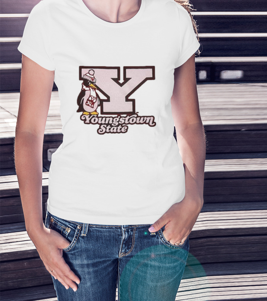Youngstown State Pete Block Y Logo And Penguin With Scarf T-Shirt