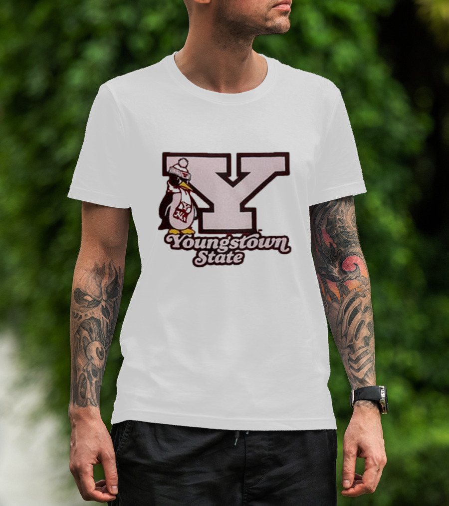 Youngstown State Pete Block Y Logo And Penguin With Scarf T-Shirt