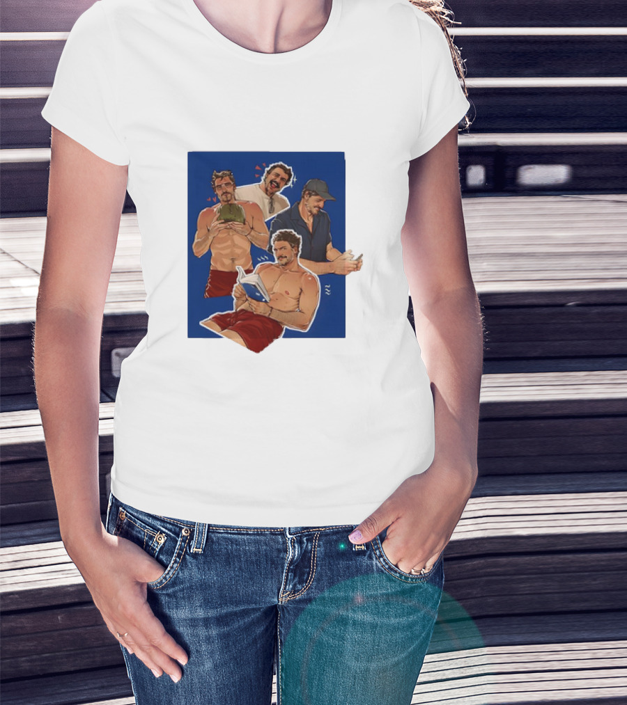 Pedro Pascal Humorous Illustrated Collage Reading And Relaxing Moments T-Shirt