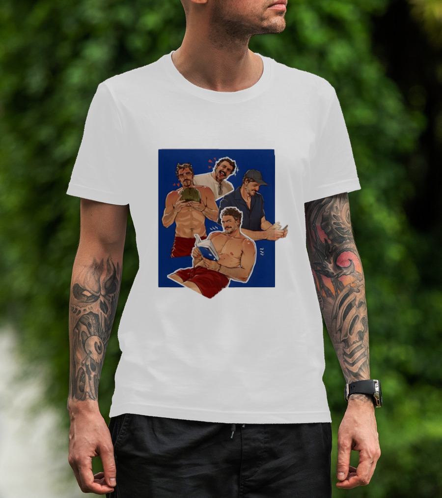Pedro Pascal Humorous Illustrated Collage Reading And Relaxing Moments T-Shirt