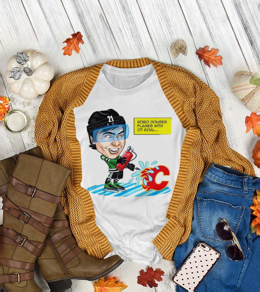 Robo Douses Flames with OT Goal Hockey Player Cartoon extinguishing Calgary Flame Logo T-Shirt