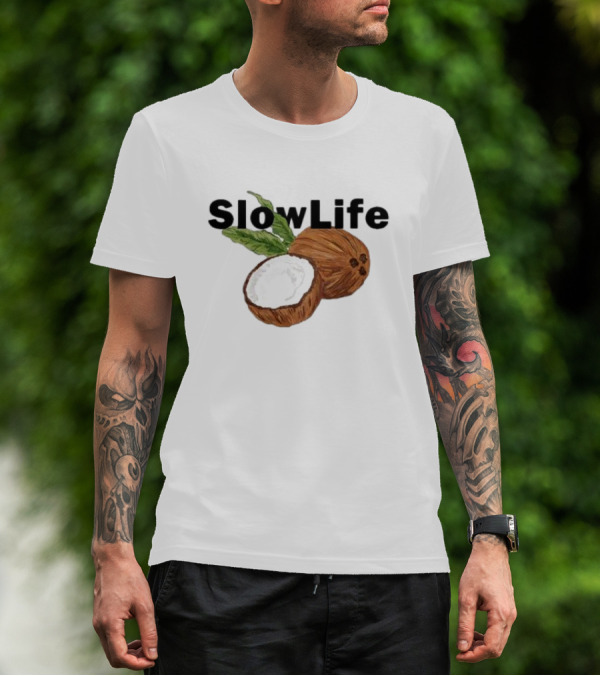 Slow Life Coconut Illustration With Text And Leaves T-Shirt