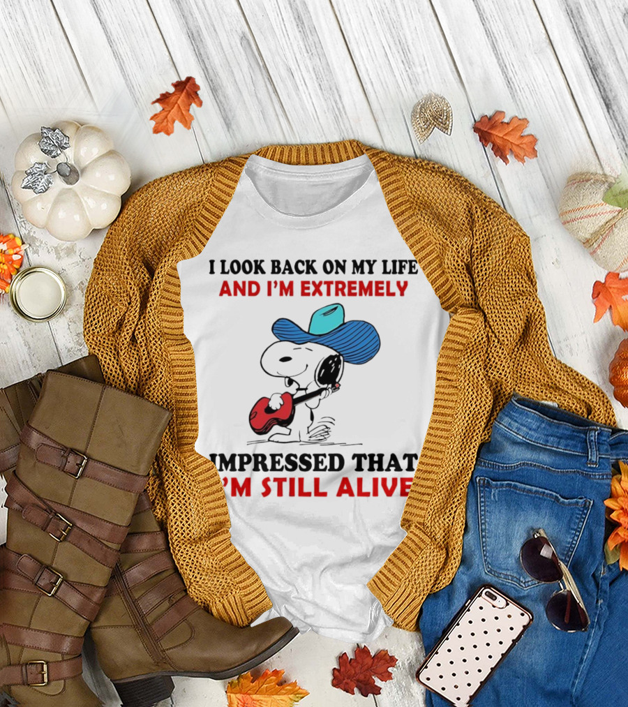 Snoopy I Look Back On My Life And I'm Extremely Impressed That I'm Still Alive Cowboy Hat Guitar T-Shirt