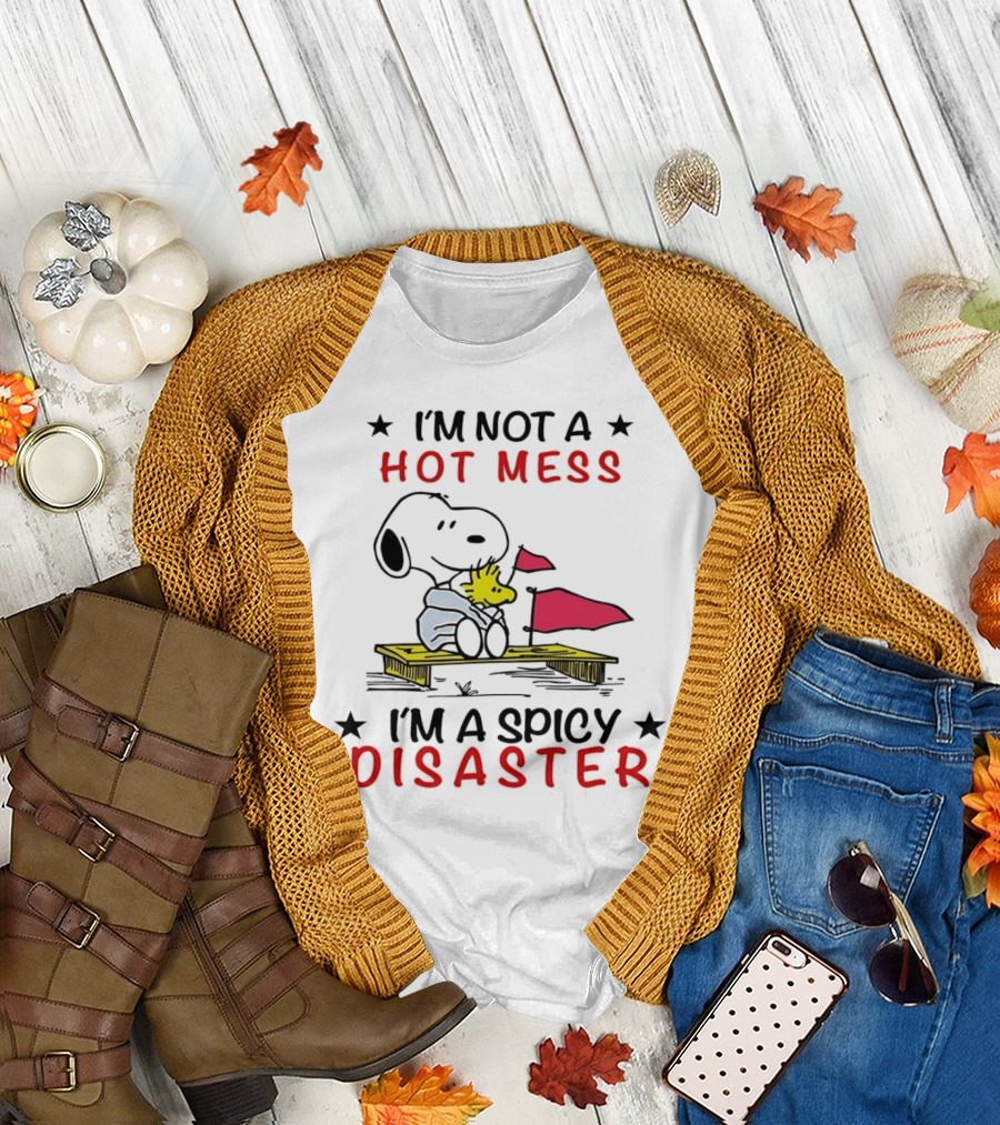 Snoopy I'm Not A Hot Mess I'm A Spicy Disaster Woodstock Hug Peanuts T-Shirt
