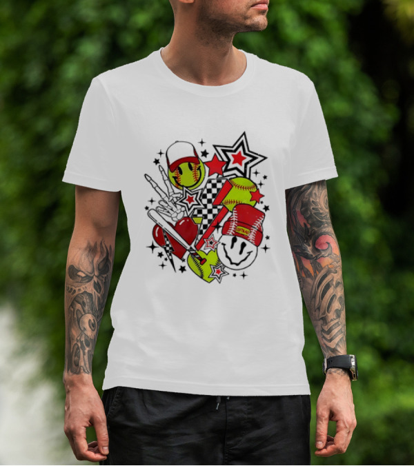 Softball Smiley Face Devil Cap Bats And Stars Retro T-Shirt
