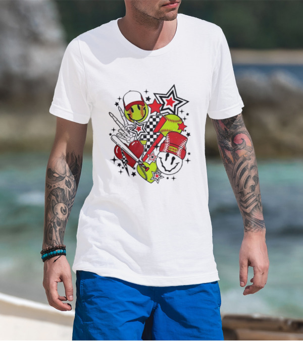 Softball Smiley Face Devil Cap Bats And Stars Retro T-Shirt