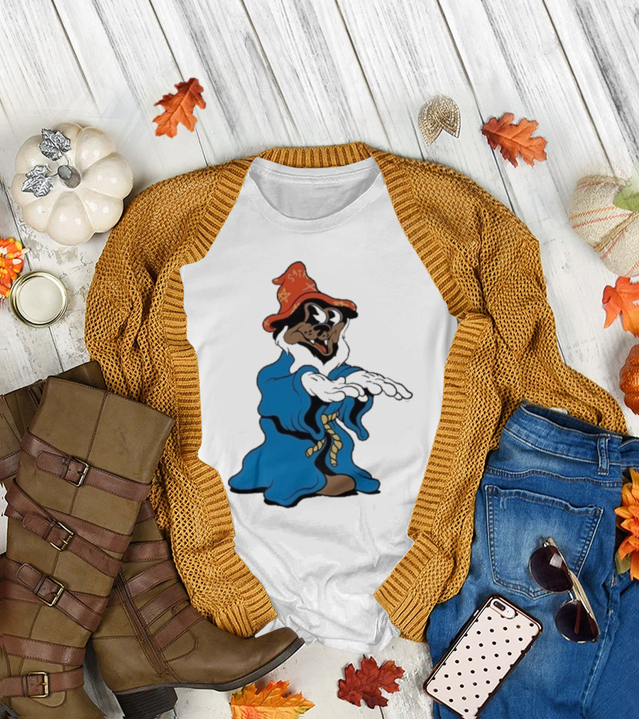 The Dudes It’s All Wavy Wizard Dog in Blue Robe with Orange Star Hat T-Shirt