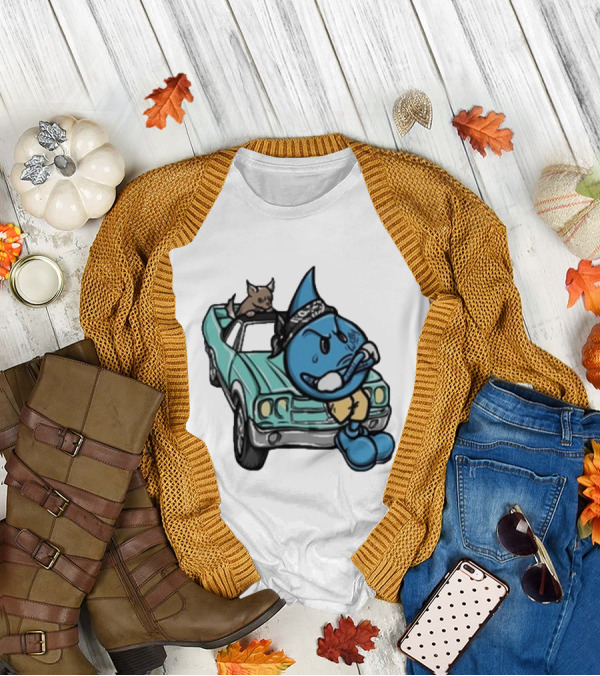 Thornhill Bat White Blue Cartoon Character With Dog In Classic Car T-Shirt