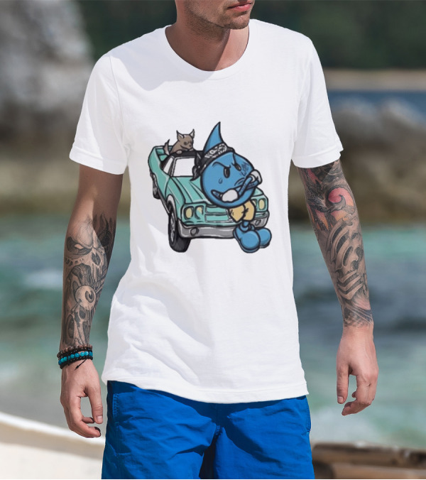 Thornhill Bat White Blue Cartoon Character With Dog In Classic Car T-Shirt