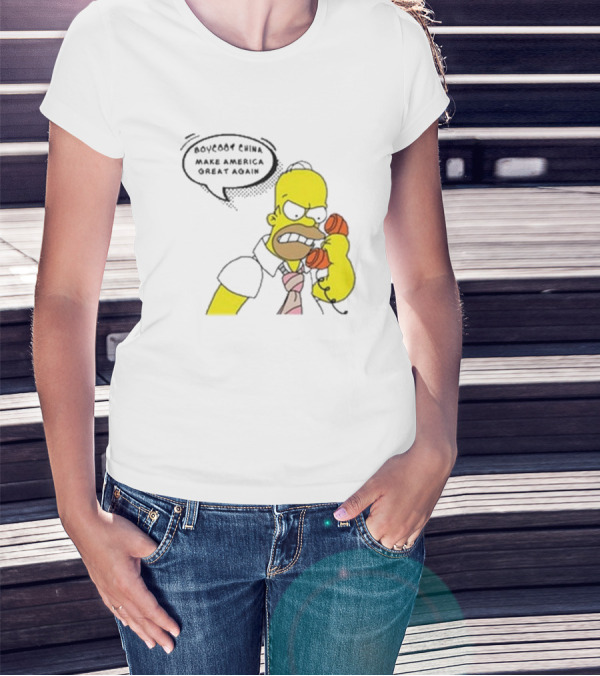 Boycott China Make America Great Again Simpsons Character Holding Phone T-Shirt