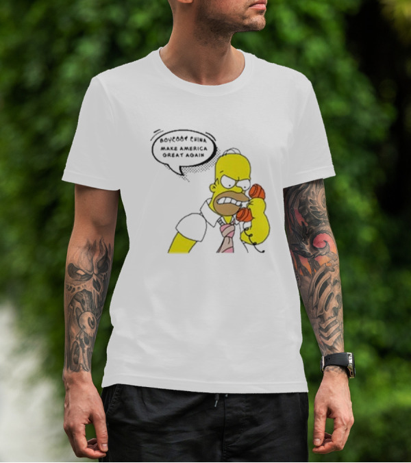 Boycott China Make America Great Again Simpsons Character Holding Phone T-Shirt