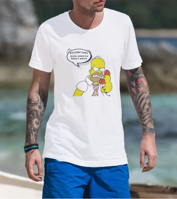 Boycott China Make America Great Again Simpsons Character Holding Phone T-Shirt