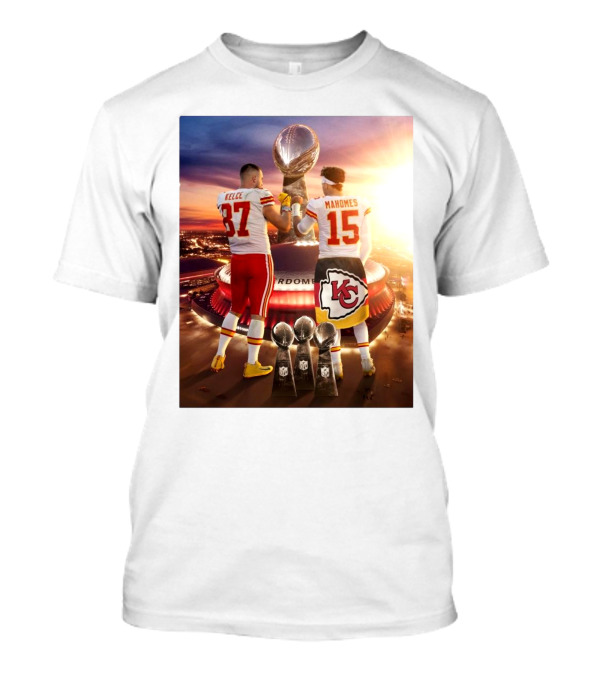 Travis Kelce Patrick Mahomes Kansas City Chiefs 2 Bros Chasing Fourth Title Super Bowl LIX Trophy 87 15 T-Shirt