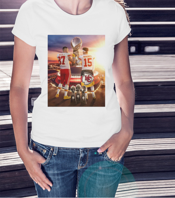 Travis Kelce Patrick Mahomes Kansas City Chiefs 2 Bros Chasing Fourth Title Super Bowl LIX Trophy 87 15 T-Shirt