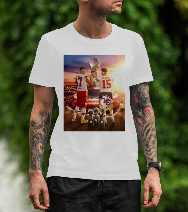 Travis Kelce Patrick Mahomes Kansas City Chiefs 2 Bros Chasing Fourth Title Super Bowl LIX Trophy 87 15 T-Shirt