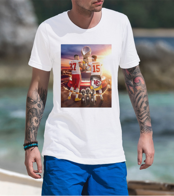 Travis Kelce Patrick Mahomes Kansas City Chiefs 2 Bros Chasing Fourth Title Super Bowl LIX Trophy 87 15 T-Shirt