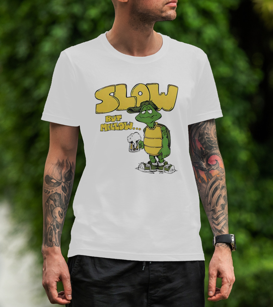 Slow But Mellow Turtle With Beer Retro Vintage 70s Style T-Shirt