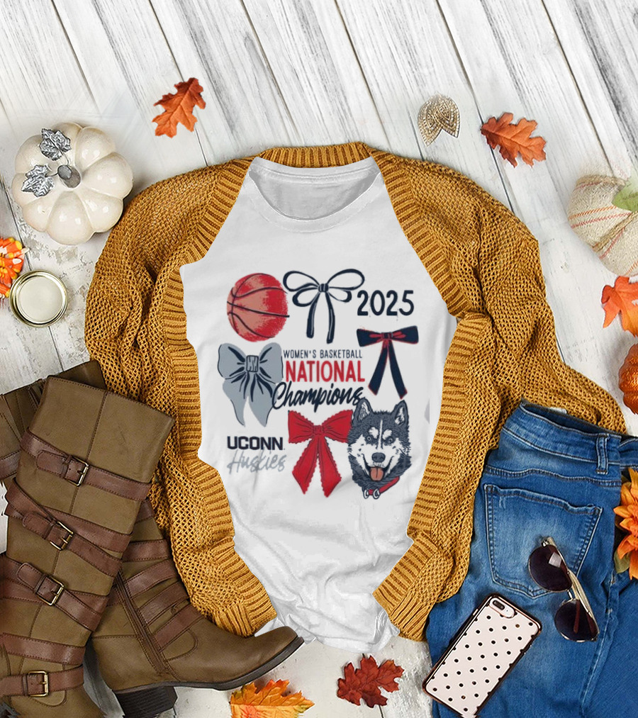 Uconn Huskies 2025 Women's Basketball National Champions Bow Basketball and Husky Image T-Shirt