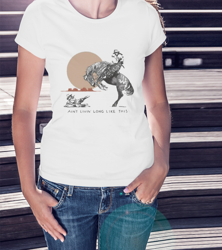 Waylon Jennings Ain’t Livin’ Long Like This Cowboy Rodeo Moon Scene T-Shirt