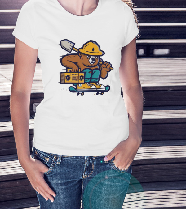 ```Wildfire Relief Bear Skateboarding With Boombox And Shovel``` T-Shirt