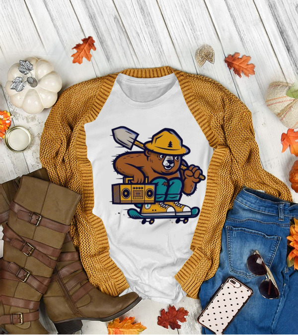 ```Wildfire Relief Bear Skateboarding With Boombox And Shovel``` T-Shirt