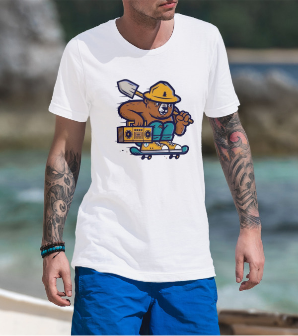 ```Wildfire Relief Bear Skateboarding With Boombox And Shovel``` T-Shirt