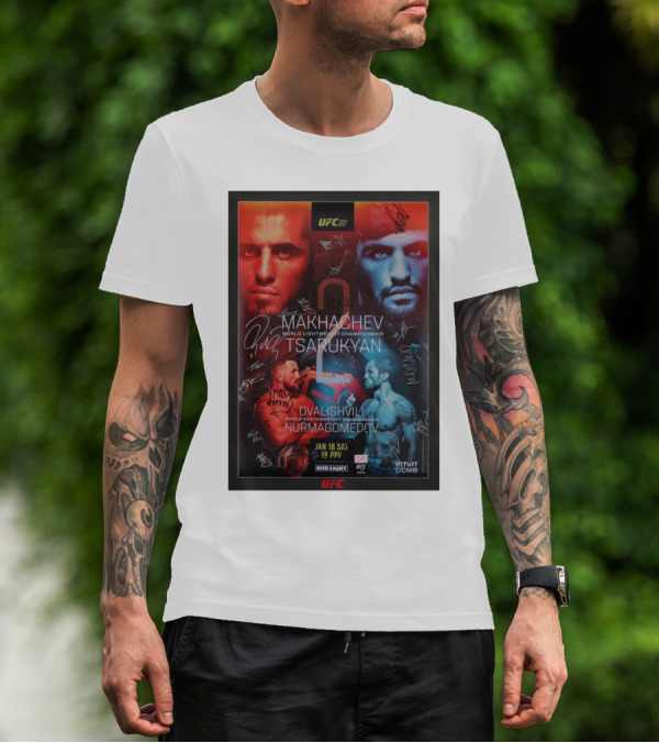 UFC 311 Makhachev Tsarukyan Dvalishvili Nurmagomedov Autographed World Championship T-Shirt