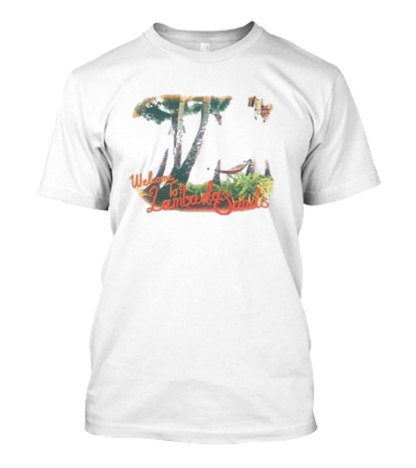 Welcome To Lambada Sands Tropical Paradise Oceanfront Sunset With Palm Trees And Sailboat T-Shirt