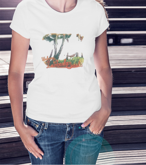 Welcome To Lambada Sands Tropical Paradise Oceanfront Sunset With Palm Trees And Sailboat T-Shirt