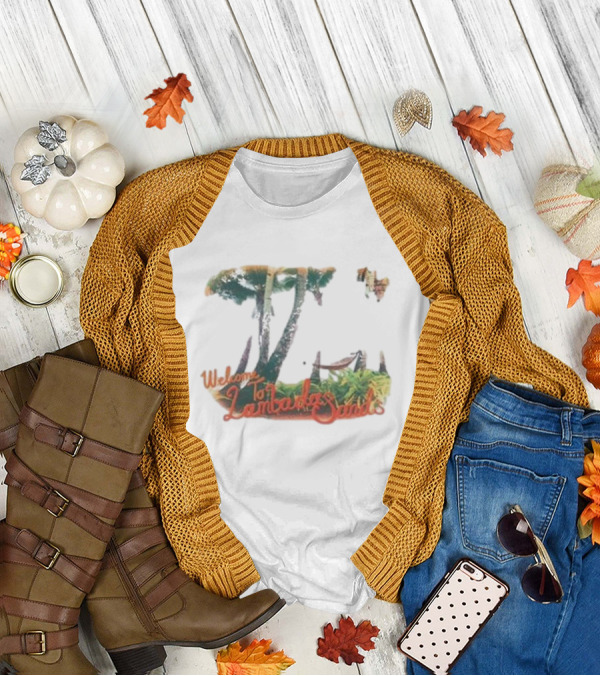 Welcome To Lambada Sands Tropical Paradise Oceanfront Sunset With Palm Trees And Sailboat T-Shirt