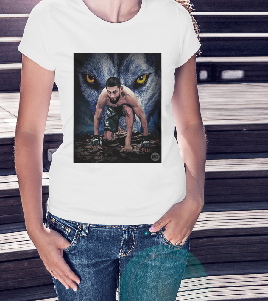 UFC 312 Khamzat Chimaev Middleweight Title Fight Wolf Background ESPN MMA T-Shirt