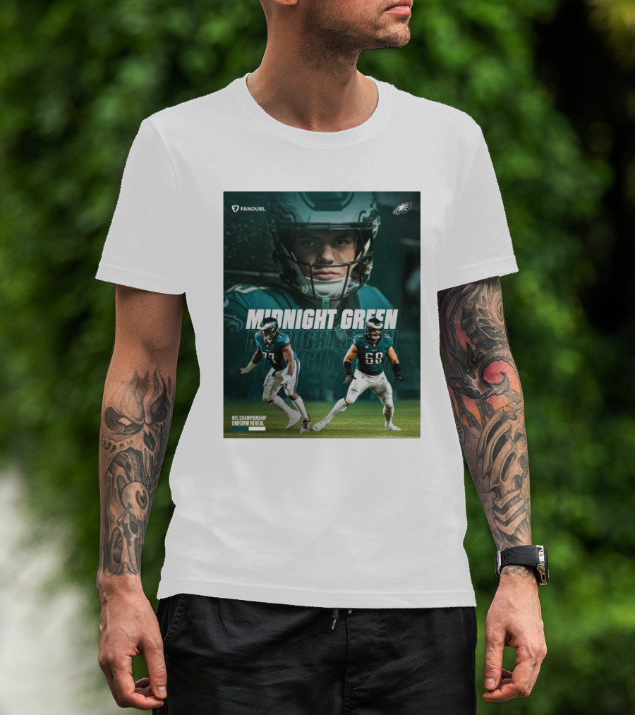 Fanduel Philadelphia Eagles Midnight Green NFC Championship Uniform Reveal Mekhi Becton Sr. L.J Mailata Cooper DeJean T-Shirt