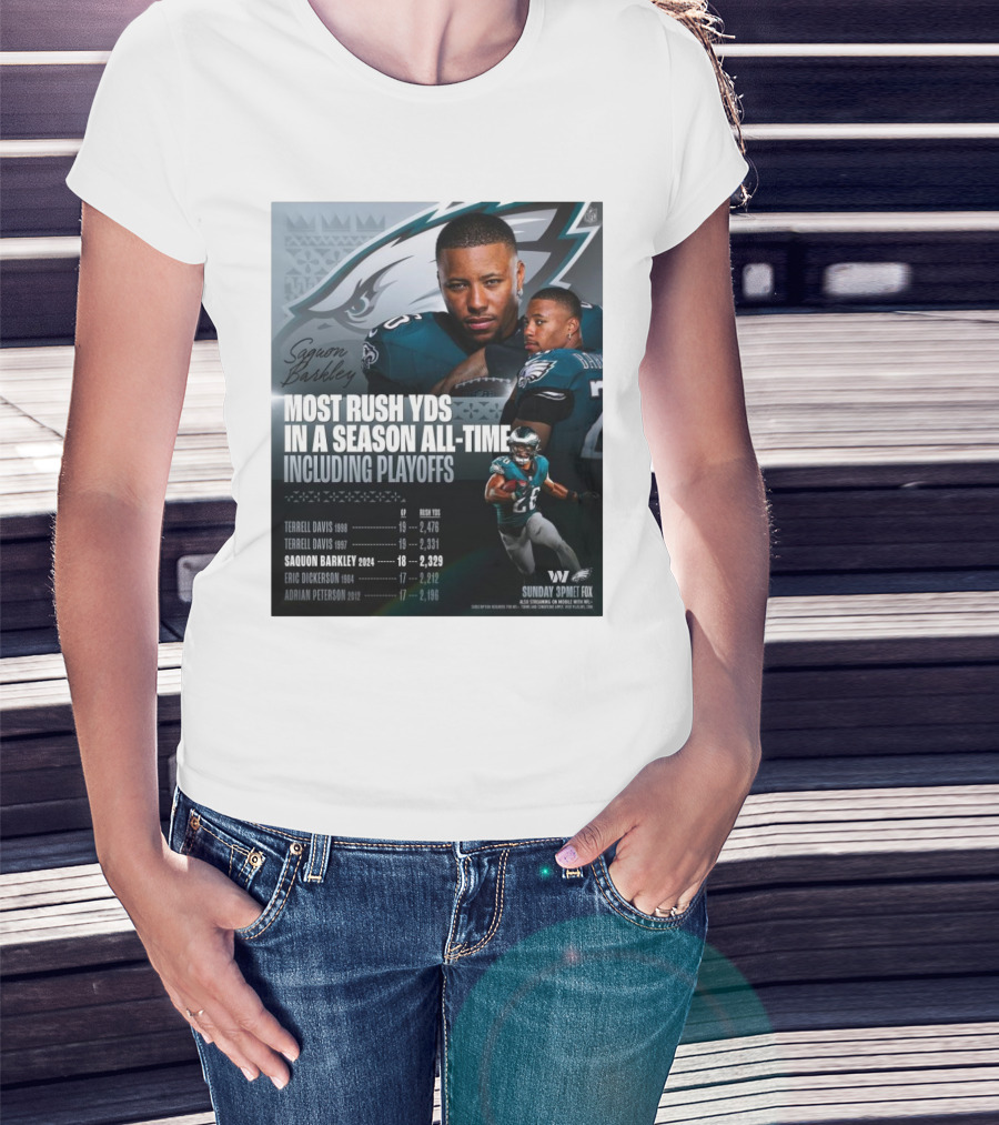 Saquon Barkley Philadelphia Eagles Most Rush Yards In A Season All-Time Including Playoffs T-Shirt