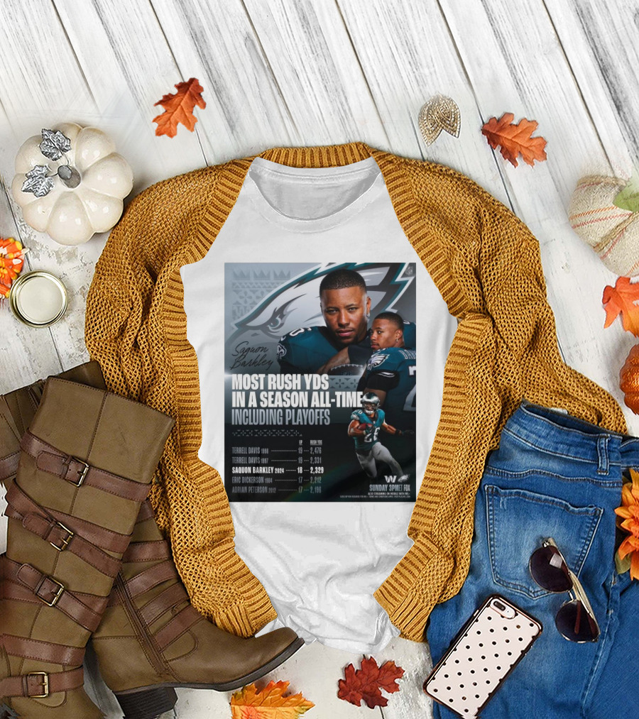 Saquon Barkley Philadelphia Eagles Most Rush Yards In A Season All-Time Including Playoffs T-Shirt