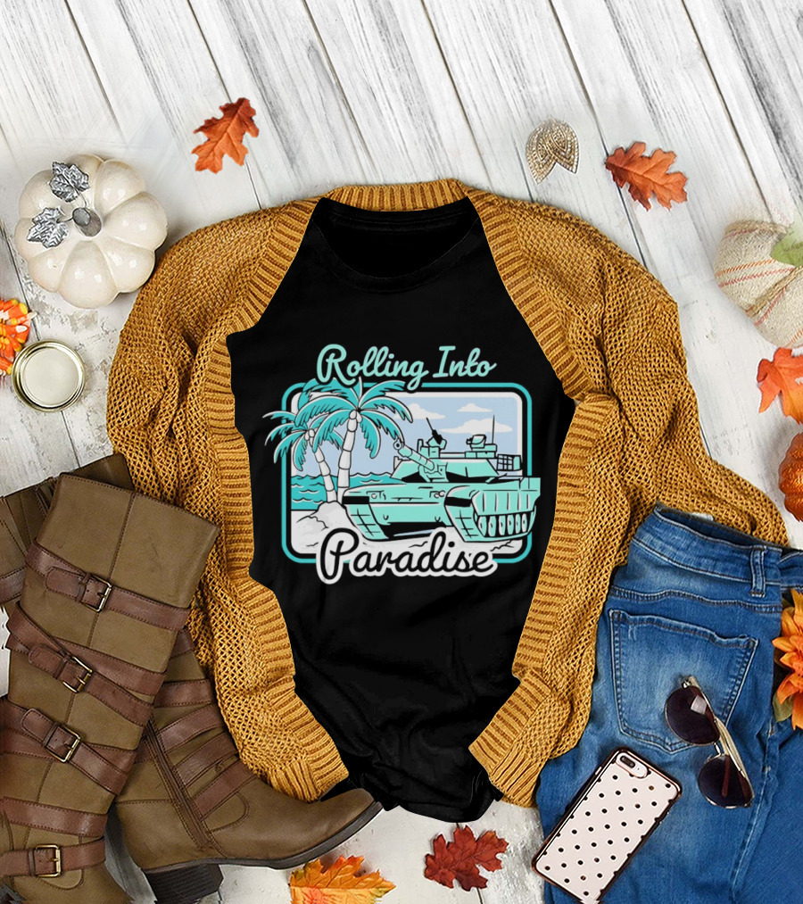Rolling Into Paradise Tropical Beach Tank Palm Trees Ocean Scene T-Shirt