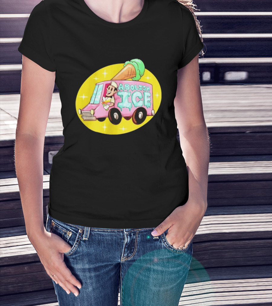Abolish Ice Pink Ice Cream Truck With Melting Cone On Yellow T-Shirt