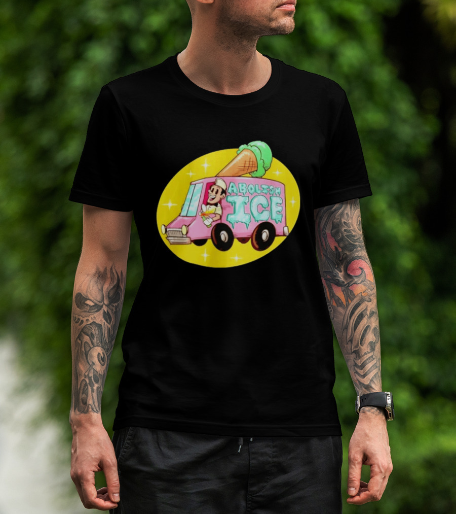 Abolish Ice Pink Ice Cream Truck With Melting Cone On Yellow T-Shirt