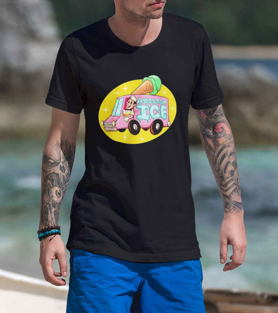Abolish Ice Pink Ice Cream Truck With Melting Cone On Yellow T-Shirt