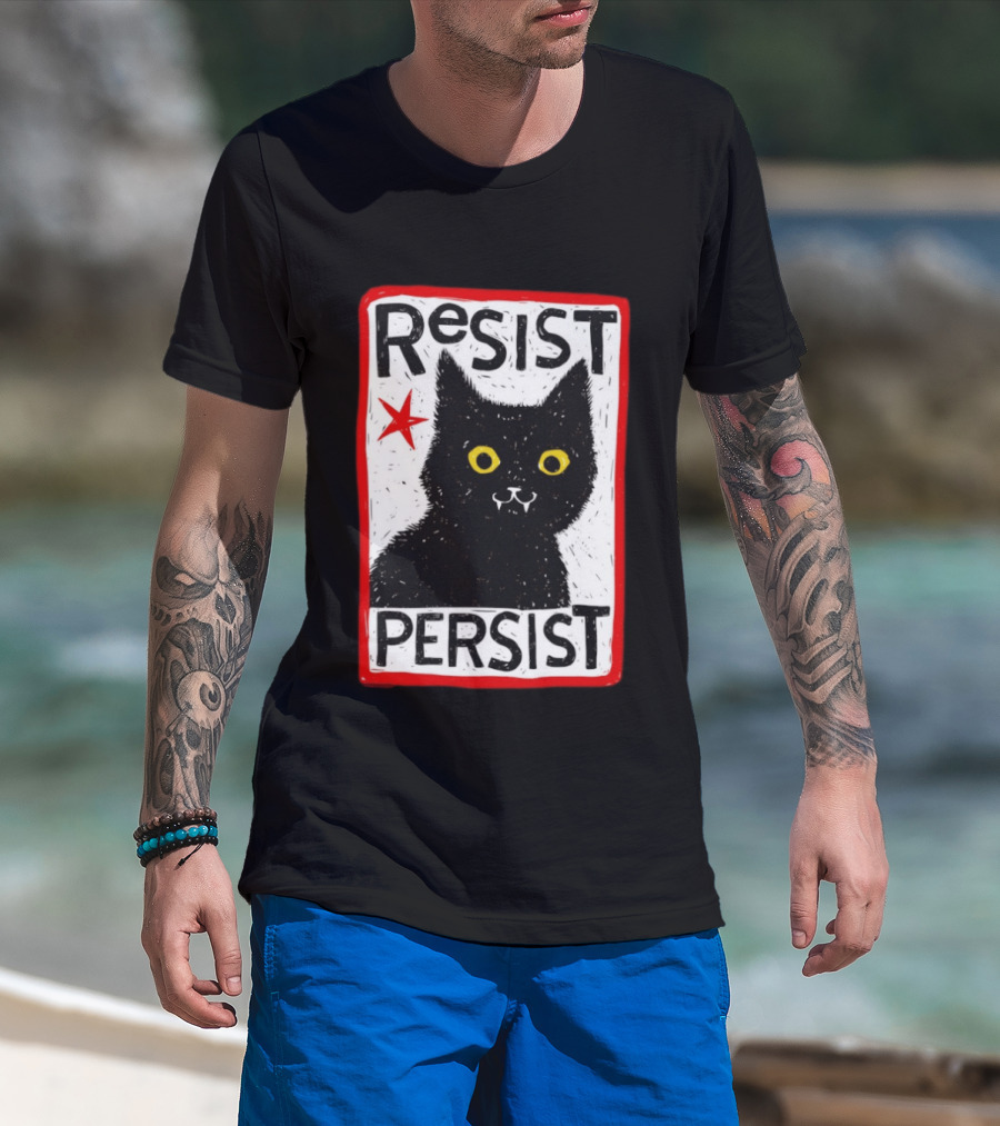 Resist Persist Black Cat Activism Red Star Empowerment T-Shirt