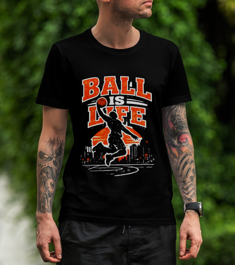 Ball Is Life Dunking Cityscape Skyline T-Shirt