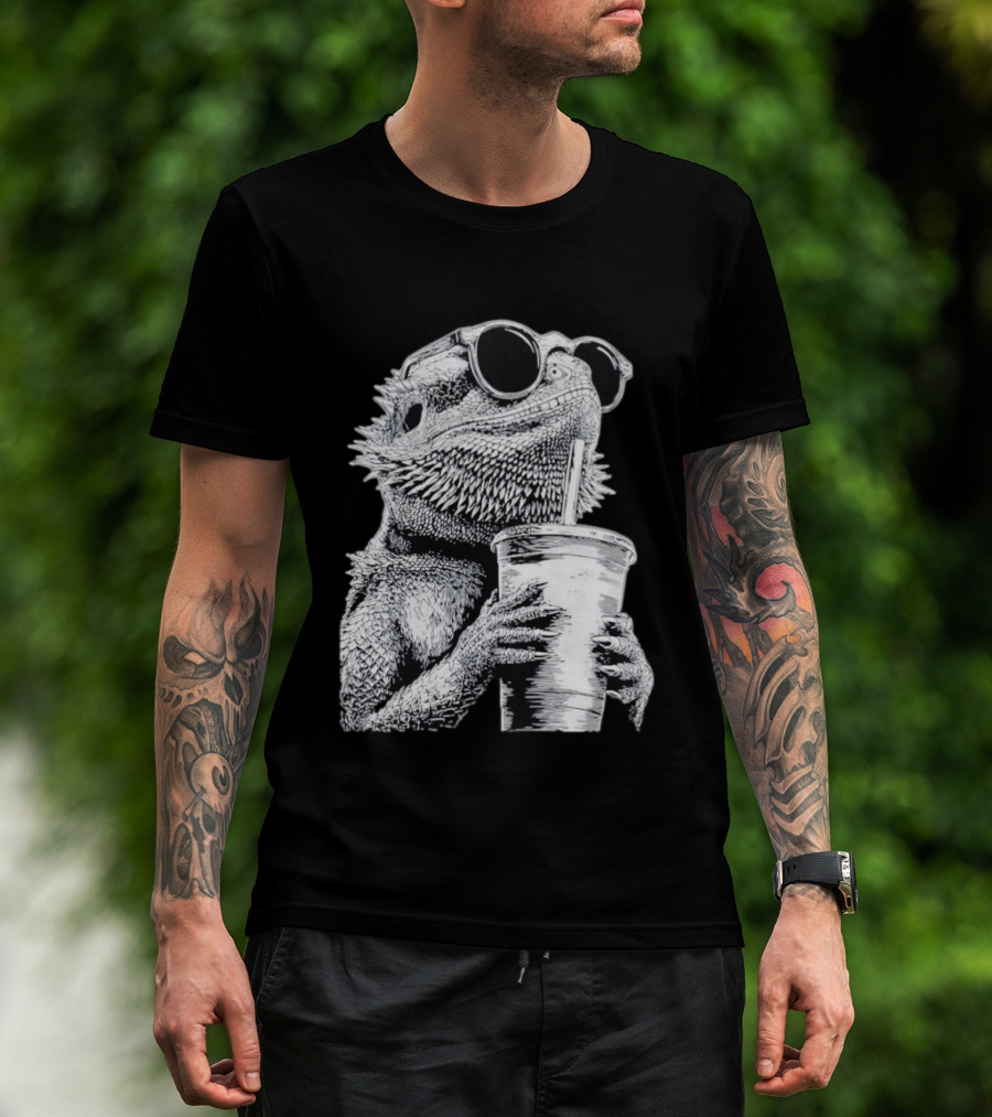 Bearded Dragon With Sunglasses Drinking Iced Coffee T-Shirt